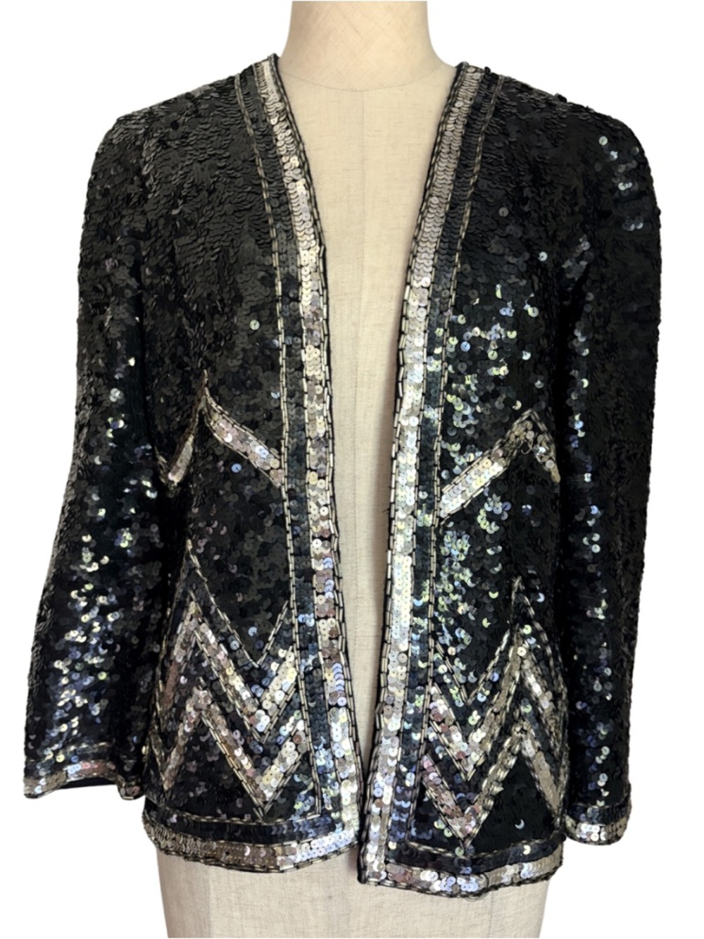 vintage sequin jacket 60s hong kong black silver glam shimmer chevron chic